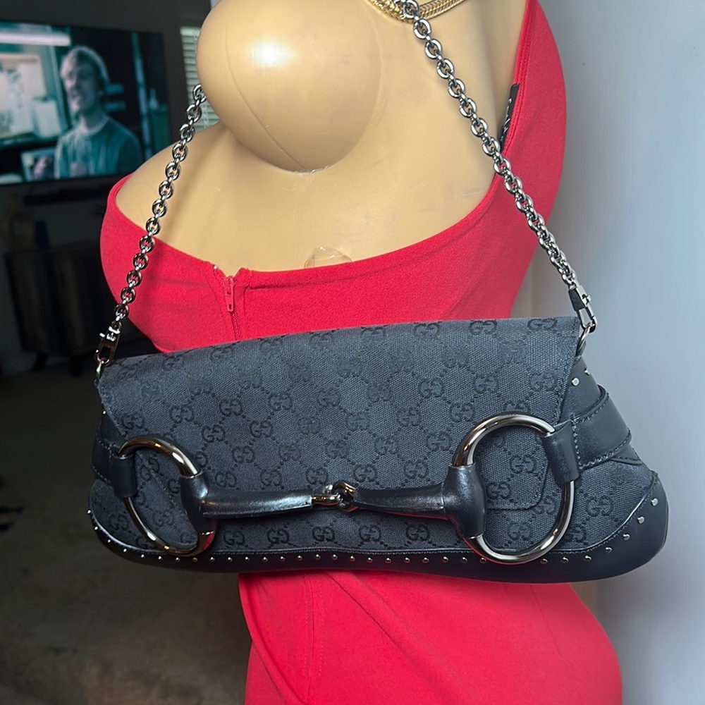 Vintage Gucci Black Horsebit  Monogram Shoulder Bag with Chain Strap - Picture 4 of 9